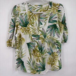 Women's Sigrid Olsen Linen Blend Botanical Leaves Short Sleeve White Green Top M